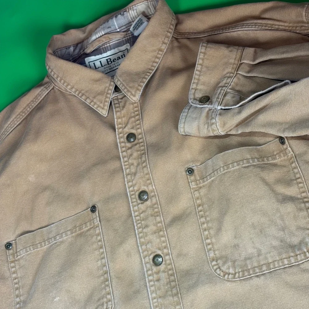 VTG LL Bean Distressed Snap Shacket Mens 2X Tan Flannel Lined Canada Made Coat